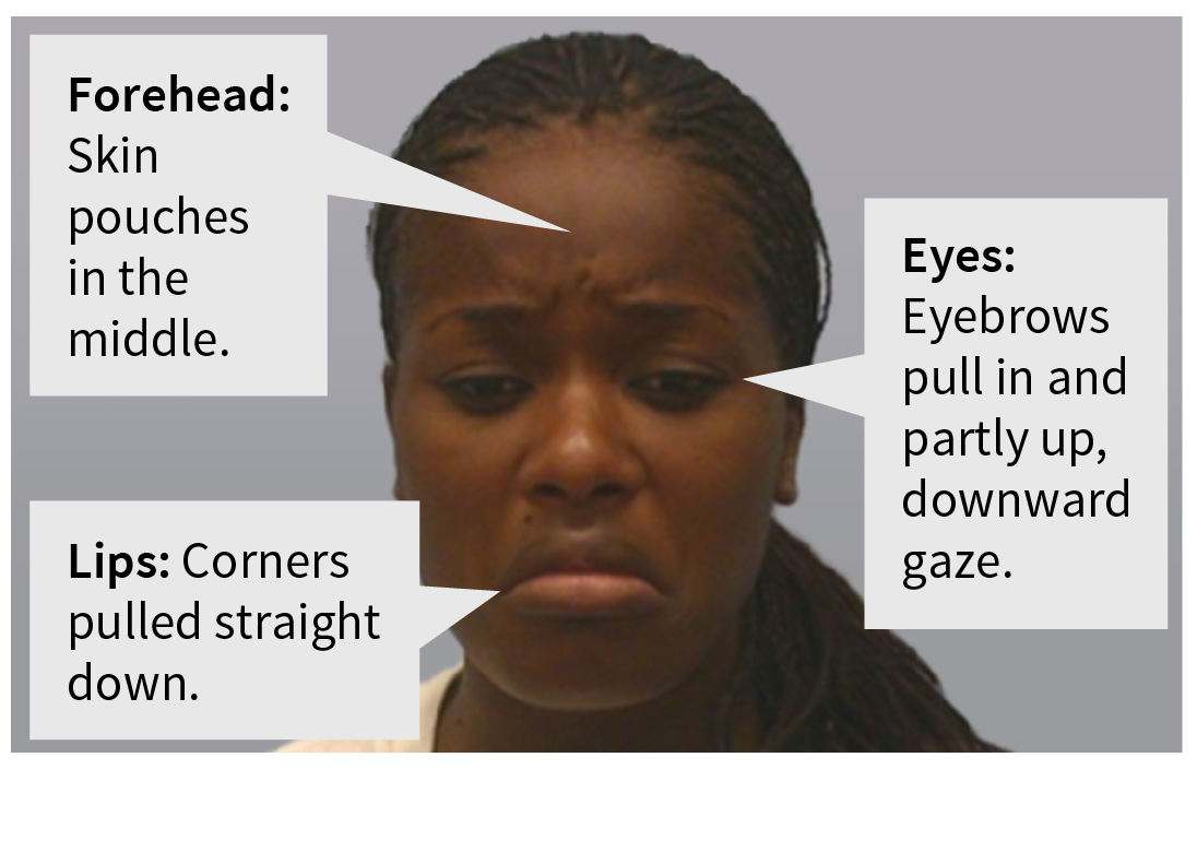 Portrait of a woman. Skin pushes in the middle of her forehead. Her eyebrows pull in and partly up and her eyes display a downward gaze. Her bottom lip is pulled down.